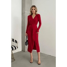 Kadın Kruvaze Yaka Önü Kuşaklı Drapeli Midi Elbise