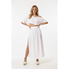 %100 Pamuk Müslin Bohem Takım - Kayık Yaka Crop Üst & Yırtmaçlı Düğmeli Etek