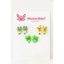 Makewell Neşeli Kurbağa Sıkıştırmalı Küpe 3'li Set Deliksiz Kulağa Uygun Kız Çocuk Hediye