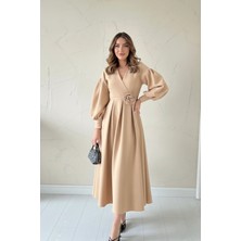 Kadın Gül Detay Balon Kol Kruvaze Yaka Pileli Scuba Kumaş Elbise