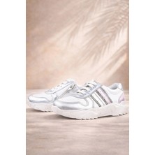 Rakerplus Hakiki Deri Gümüş Pembe Parlak Taşlı Kız Çocuk Sneakers Ayakkabı
