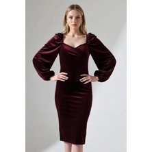 Kadın Kalp Yaka Balon Kol Kadife Midi Elbise