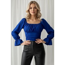 Kadın Madonna Yaka Çan Kollu Özel Tasarım Büzgü Detaylı Volanlı