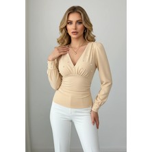 Kadın V Yaka Beli Drapeli  Inci Süslemeli Bluz Top