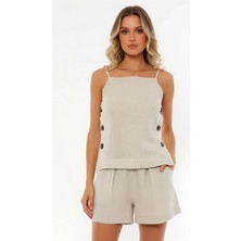 Ayarlanabilir Askılı Yanları Düğmeli Düz Rahat Bluz