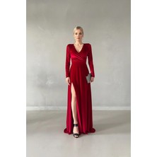 Kadın Kruvaze Yaka Uzun Kol Maxi Boy Yırtmaç Detay Kadife Kumaş Elbise