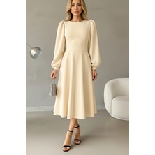 Kadın Balon Kol Midi Boy Bisiklet Yaka Krep Elbise