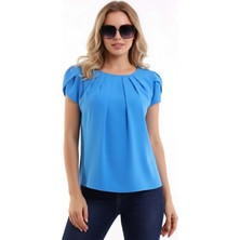 Yuvarlak Pileli Yakalı Kol Detaylı Rahat Kesim Kısa Kol Şık ve Cool Bluz