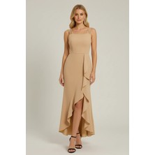 Kadın Ip Askılı Volan Detaylı Uzun Yırtmaçlı Abiye Elbise