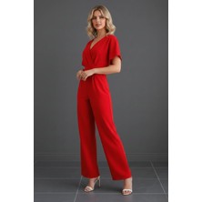 Kadın Kısa Kollu Kruvaze Yaka Kendinden Kuşaklı Tulum