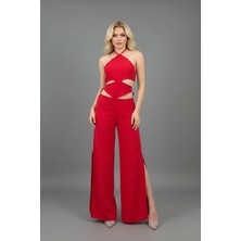 Kadın Ithal Keten Kumaş Gizli Fermuarlı Yırtmaç ve Sırt Dekolteli Maxi Boy Tasarım Tulum