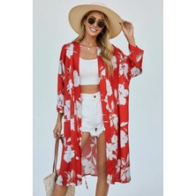 Uzun Kol Desenli Belden Bağlamalı Rahat Kalıp Uzun Saten Kimono