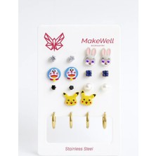 Makewell Karma Çelik Küpe 8'li Set Paslanmaz Çelik Kız Çocuk Hediye