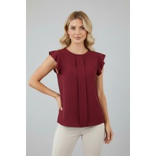 Yuvarlak Yaka Fırfırlı Kısa Kol Önü Bloklu Rahat Kesim Düğme Kapamalı Cool ve Şık Bluz