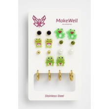 Makewell Neşeli Kurbağa Çelik Küpe 9'li Set Paslanmaz Çelik Kız Çocuk Hediye