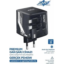 Eco Port Gan+ Pd 40W Hızlı Şarj Adaptörü Çoklu Çıkış Usb-C Lightning Kablolu Hızlı Şarj Cihazı Ev Ofis Uyumlu Siyah