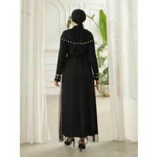 Moda Morfo Inci Detaylı Tül Hırkalı Sendy Abaya -Siyah