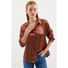 3964 Hafif Dökümlü Saten Gömlek - Taba