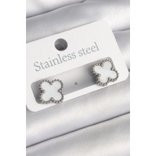 byasafkids 316L Çelik Gümüş Renk Beyaz Yonca Model Kadın Küpe