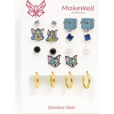 Makewell Tom ve Jerry Çelik Küpe 8'li Set Paslanmaz Çelik Kız Çocuk Hediye