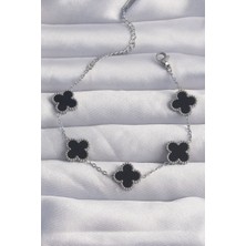 byasafkids 316L Çelik Gümüş Renk Siyah Mineli Yonca Bileklik