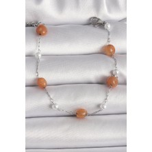 byasafkids 316L Çelik Gümüş Renk Turuncu Doğaltaş Model Inci Detay Kadın Bileklik