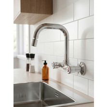 Ralken Duvardan Klasik Çevirmeli Mutfak Evye Bataryası Volonlu Musluk Çift Su Girişli Duvardan Uzun Borulu Oynar Başlıklı