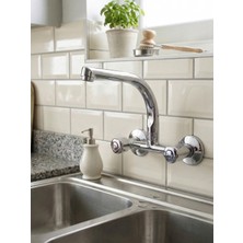 Ralken Duvardan Klasik Çevirmeli Mutfak Evye Bataryası Volonlu Musluk Çift Su Girişli Duvardan Uzun Borulu