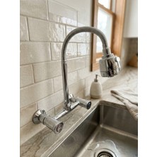 Ralken Duvardan Klasik Çevirmeli Mutfak Evye Bataryası Volonlu Musluk Çift Su Girişli Duvardan Esnek Borulu 2 Fonksiyonlu