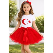 Herşey Trend Kız Çocuk 23 Nisan Gösteri Kıyafeti Ay-Yıldız Kısa Kol Beyaz T-Shirt ve Tütü Etek Takım