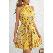 Equri Kadın Omuzlardan Açık Balıkçı Yakalı Kuşaklı Desenli Kısa Süprem Elbise