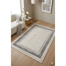 Premium Modern Çerçeveli Salon Halısı - 9mm Hav Yüksekliği, Pamuk Taban, Vizon Antrasit Çizgili