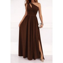 Sidelya Concept Kadın Omuzlardan Açık Asimetrik Yaka Detaylı Yırtmaçlı Maksi Boy Janjan Krep Elbise