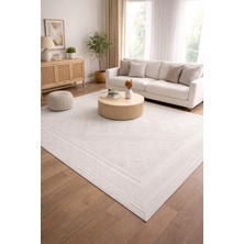 Modern Kabartmalı Halı Krem Geometrik Desenli Akrilik 8 mm Hav Salon Yatak Odası Antre Halı