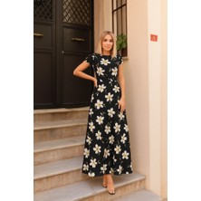 Emh Store Kadın Kısa Kollu Bisiklet Yaka Puantiyeli Maksi Örme Krep Elbise