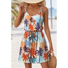 Sidelya Concept Kadını Askılı V Yakalı Duğme Detaylı Desenli Kısa Süprem Elbise