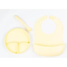 Prativas Sarı 3’lü Silikon Yemek Seti – Önlük + Kaşıyıcılı Kaşık + Vakumlu Tabak