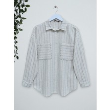 Moda Morfo Taş Işlemeli Çizgili Keten Gömlek -Bej