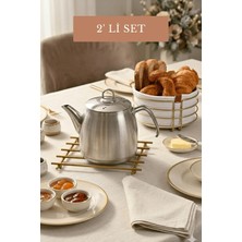 Edora Home 2'li Mat Gold Yuvarlak Ekmek Sepeti Ekmeklik Sunum Sepeti Beyaz Makrome + Düz Çubuklu Yanmaz Nihale, Tezgah Üstü