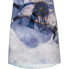 Femora Moda Kadın Kısa Kollu Bisiklet Yaka Mitolojik At Figür Baskılı Salaş Süprem Bluz