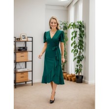 Femora Moda Kadın Kruvaze Yaka Midi Boy Kuşaklı Krep Elbise 120 cm