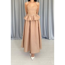 Femora Moda Camel Beli Büzgülü Inci Askılı Uzun Elbise