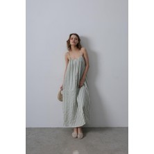 Femora Moda Askılı Çizgi Desen Elbise - Haki