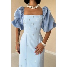 Femora Moda Bebe Mavi Işlemeli Kolu Garnili Elbise