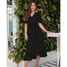 Femora Moda Kadın Kruvaze Yaka Midi Boy Kuşaklı Krep Elbise 120 cm