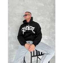 Femora Moda Unisex Üç Iplik Kapşonlu Baskılı Sweatshirt - Siyah
