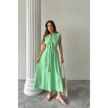 Femora Moda Keten Elbise Kolsuz Bel Bağlamalı Maxi Elbise - Yeşil