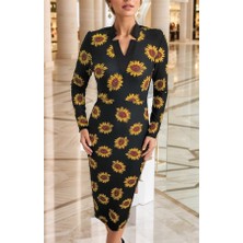 Femora Moda Kadın Uzun Kollu V Yaka Puantiyeli Krep Midi Boy Elbise