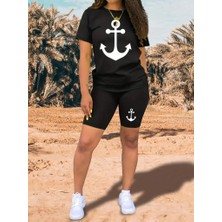 Femora Moda Kadın Kısa Kollu Çapa Baskılı Viskon Ikili Takım