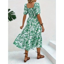 Femora Moda Kadın Kısa Kollu Kare Yakalı Lastikli Desenli Süprem Elbise